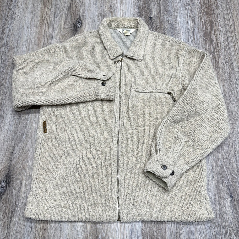 80s Vtg L.L. Bean Tan Beige Birdseye Fleece Sherpa Jacket Mens M Deep Pile USA